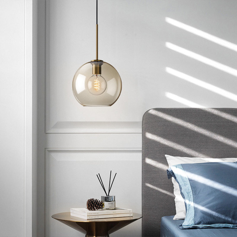 Modern Single Round Pendant Lighting, with Amber Color Glass Shade