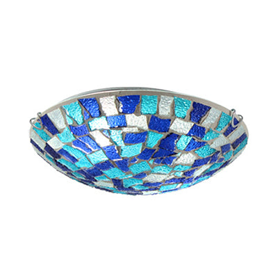 Plafonnier rond style Tiffany 12"/16" W en verre teinté, 1 ampoule, plafonnier encastré avec décor de coquille en bleu/bleu ciel
