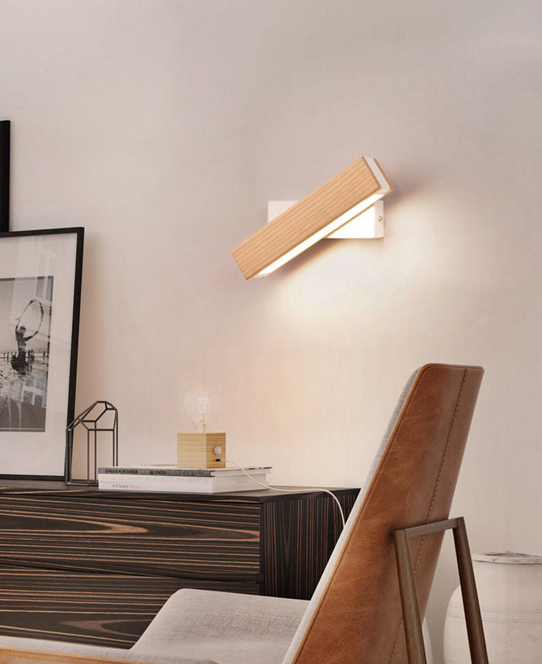 Modern Indoor Wall Sconce LED Rectangular Wooden Wall Lamp for Bedside with Adjustable Head