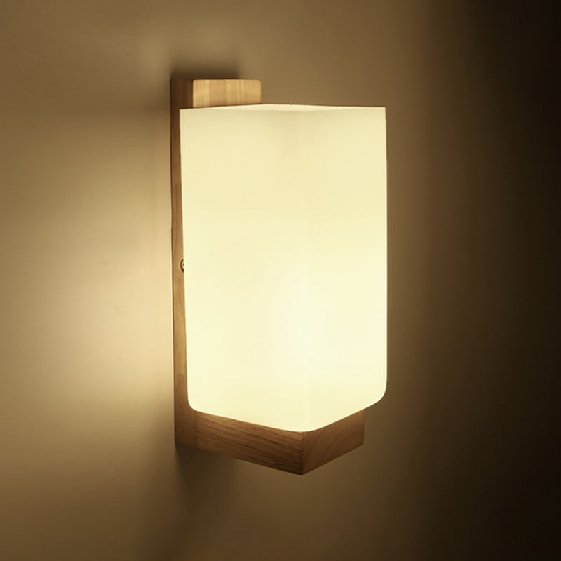Modern Style Solid Wood Bedside Wall Sconce 1-Lights Rectangle White Frosted Glass Shade Wall Lamp