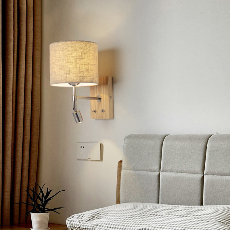 Cylinder Fabric Shade Bedside Reading Wall Light 2-Lights Wooden Simplicity Wall Sconce