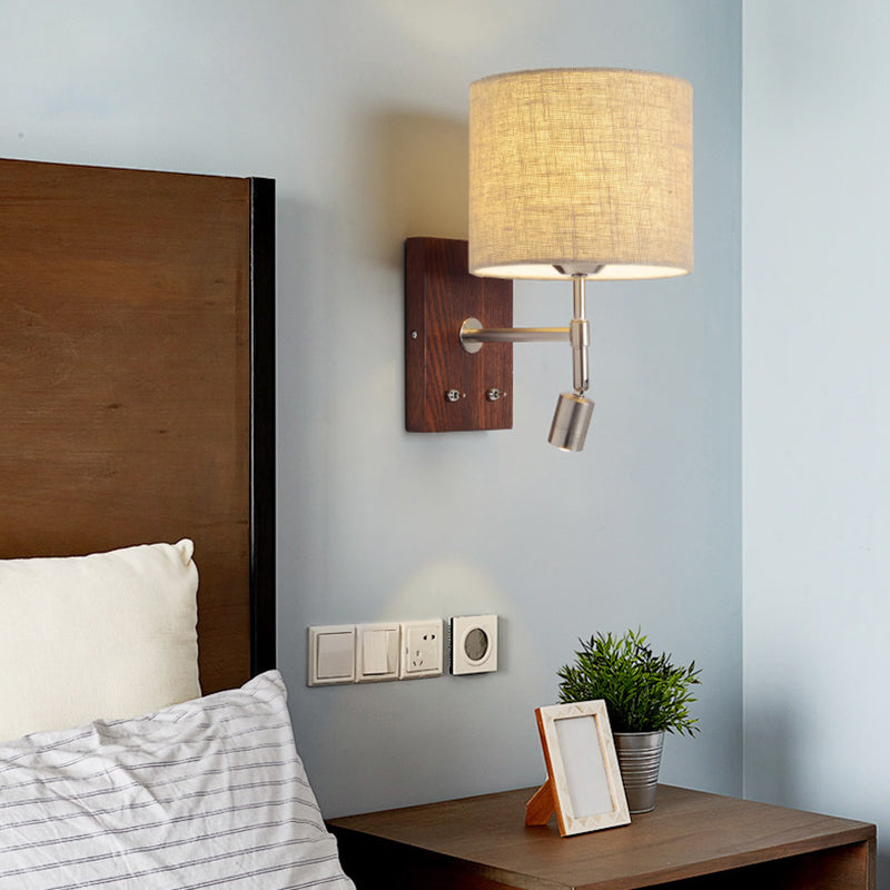 Cylinder Fabric Shade Bedside Reading Wall Light 2-Lights Wooden Simplicity Wall Sconce