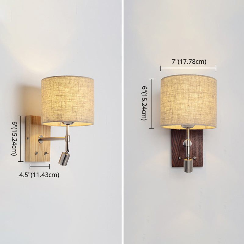 Cylinder Fabric Shade Bedside Reading Wall Light 2-Lights Wooden Simplicity Wall Sconce