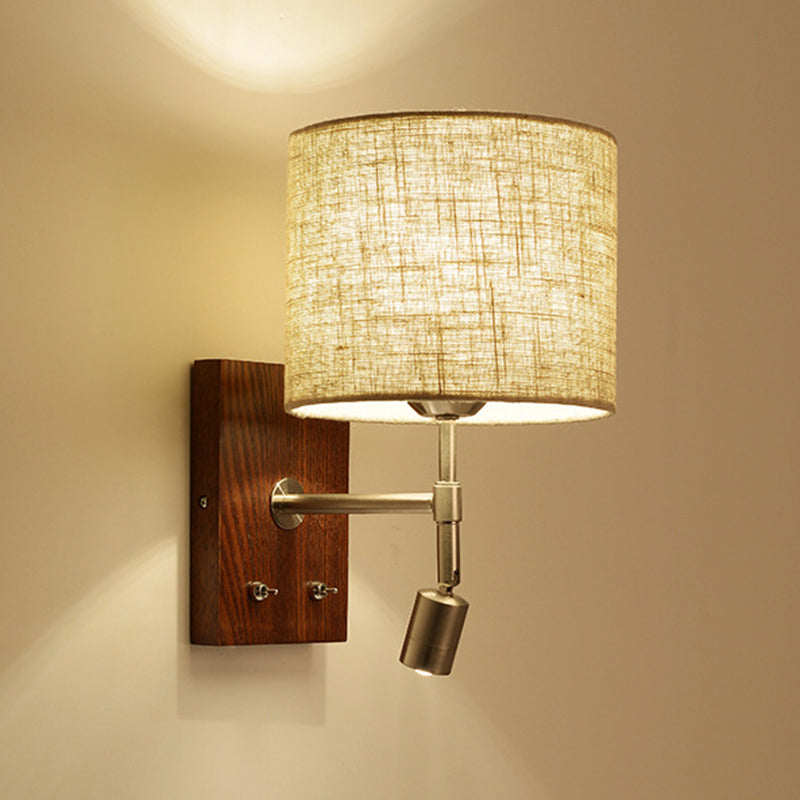 Cylinder Fabric Shade Bedside Reading Wall Light 2-Lights Wooden Simplicity Wall Sconce