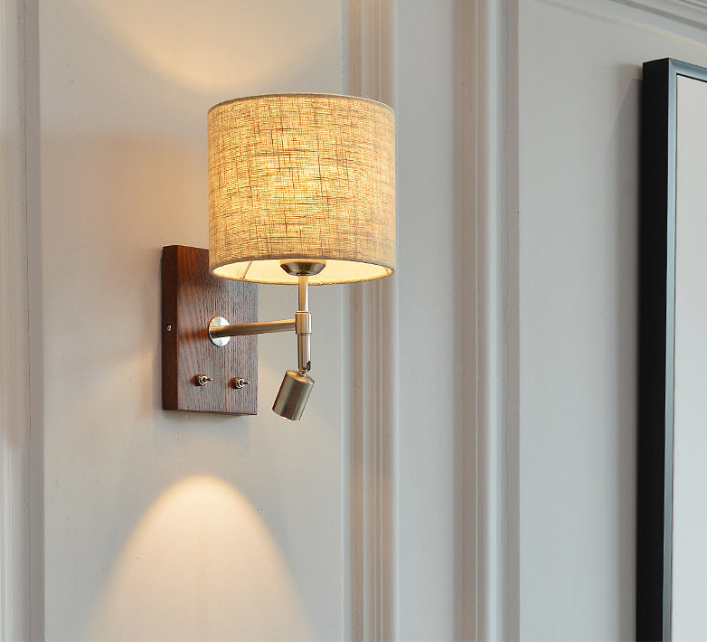 Cylinder Fabric Shade Bedside Reading Wall Light 2-Lights Wooden Simplicity Wall Sconce
