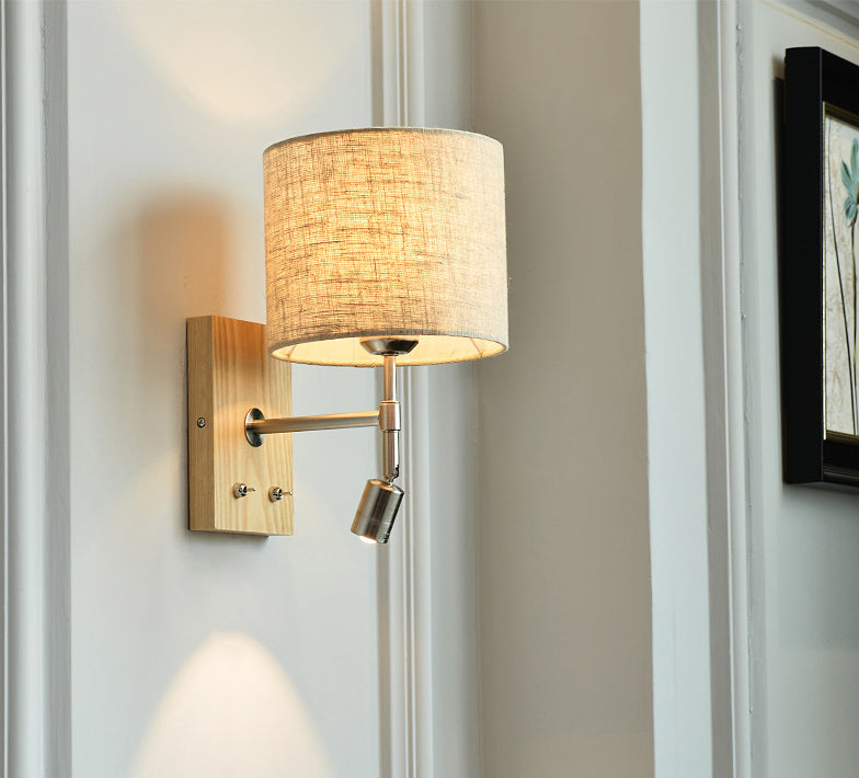 Cylinder Fabric Shade Bedside Reading Wall Light 2-Lights Wooden Simplicity Wall Sconce