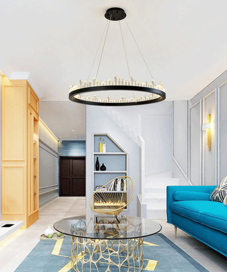 Postmodern Simplicity Circular Ceiling Chandelier Crystal Hanging Light with Hanging Cord for Living Room