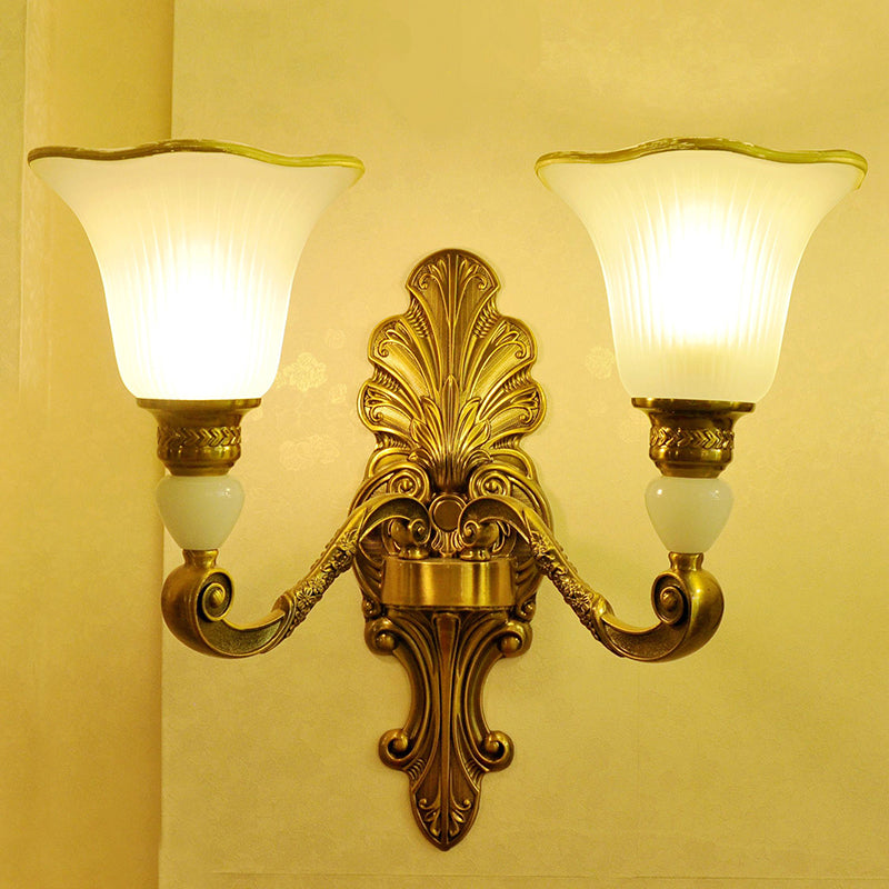 2 Heads Petal Sconce Lamp Traditional Style Frosted Glass Wall Lighting with Gold Metal Arm