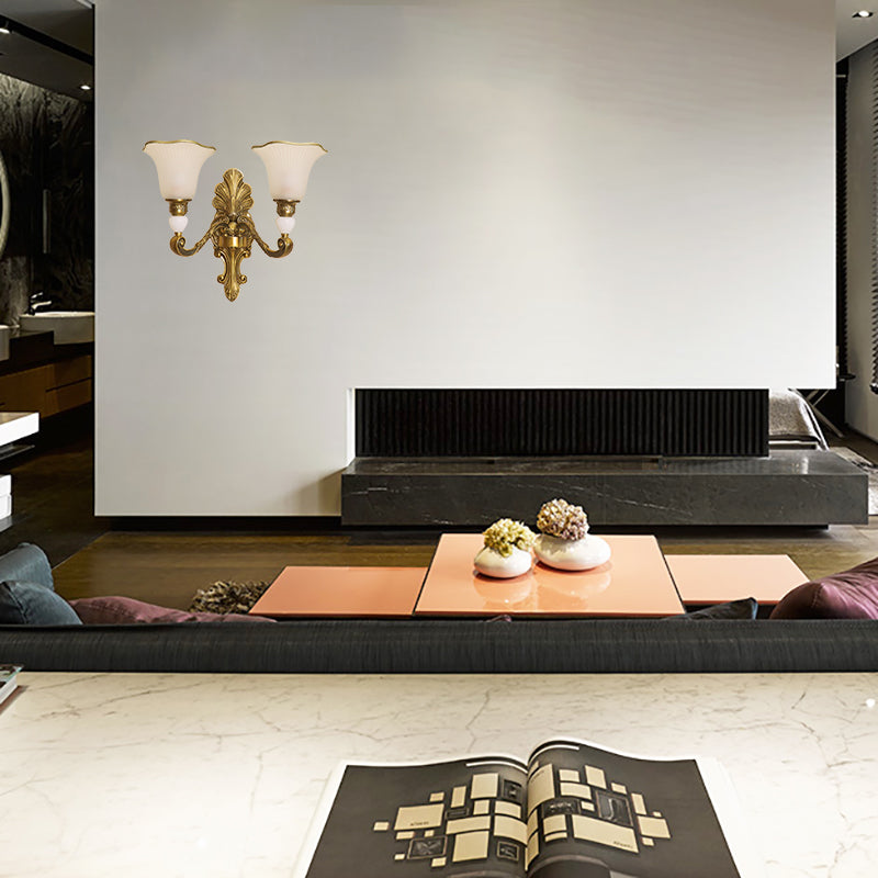 2 Heads Petal Sconce Lamp Traditional Style Frosted Glass Wall Lighting with Gold Metal Arm