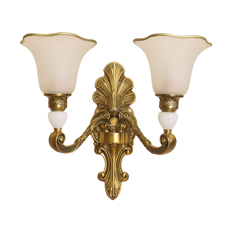 2 Heads Petal Sconce Lamp Traditional Style Frosted Glass Wall Lighting with Gold Metal Arm