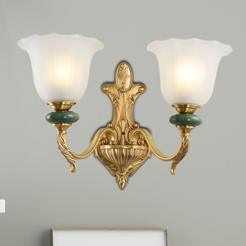 1/2-Head Bell Wall Light Sconce Vintage Style Opal Glass Wall Mount Lamp with Golden Curved Arm for Bedside