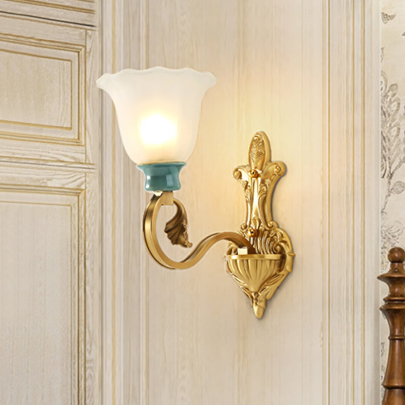 Petal Shade Bedroom Wall Mount Lamp Vintage Stylish Frosted Glass 1/2-Bulb Gold Finish Wall Sconce