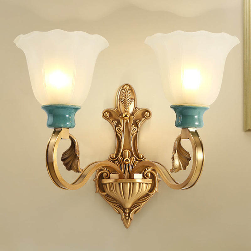 Petal Shade Bedroom Wall Mount Lamp Vintage Stylish Frosted Glass 1/2-Bulb Gold Finish Wall Sconce