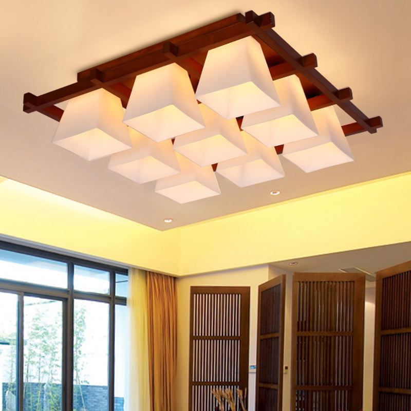 Red Brown Checkered Ceiling Fixture Modern Wooden Flush Mount Light with White Glass Shade