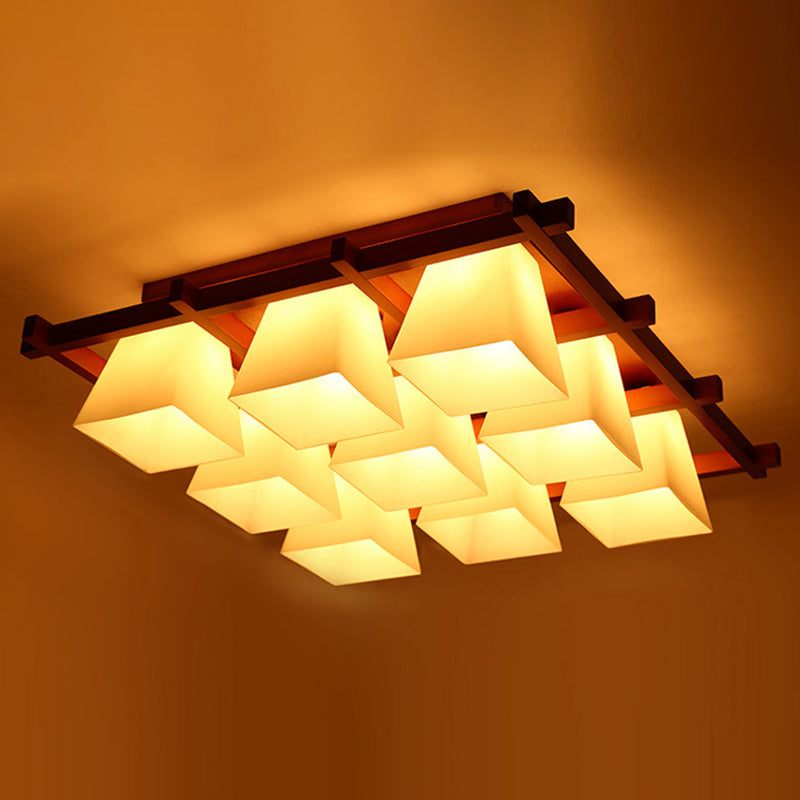 Red Brown Checkered Ceiling Fixture Modern Wooden Flush Mount Light with White Glass Shade