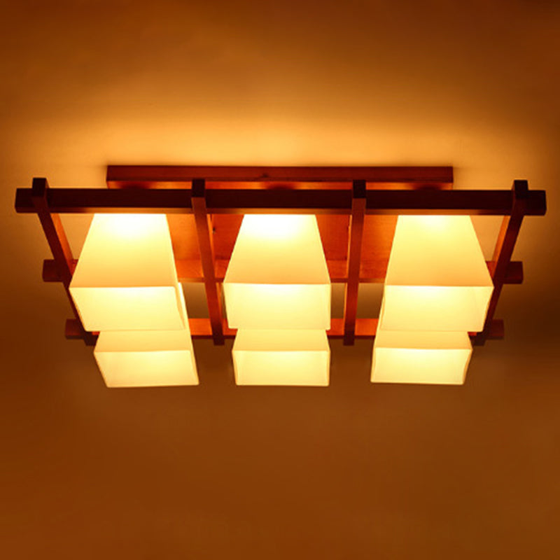 Red Brown Checkered Ceiling Fixture Modern Wooden Flush Mount Light with White Glass Shade