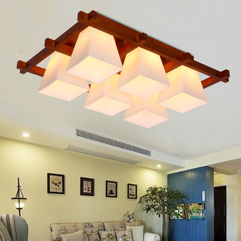 Red Brown Checkered Ceiling Fixture Modern Wooden Flush Mount Light with White Glass Shade