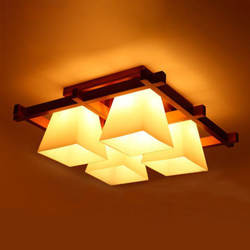 Red Brown Checkered Ceiling Fixture Modern Wooden Flush Mount Light with White Glass Shade