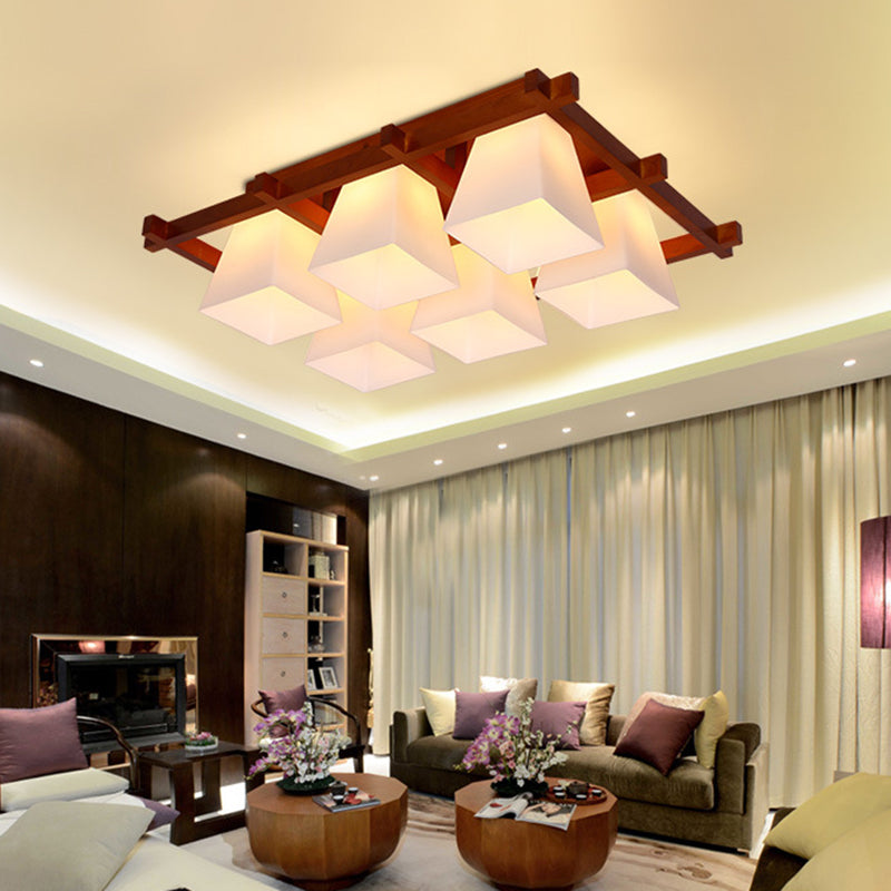 Red Brown Checkered Ceiling Fixture Modern Wooden Flush Mount Light with White Glass Shade