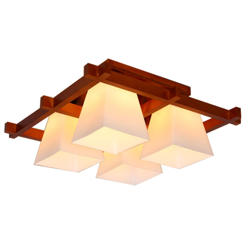 Red Brown Checkered Ceiling Fixture Modern Wooden Flush Mount Light with White Glass Shade