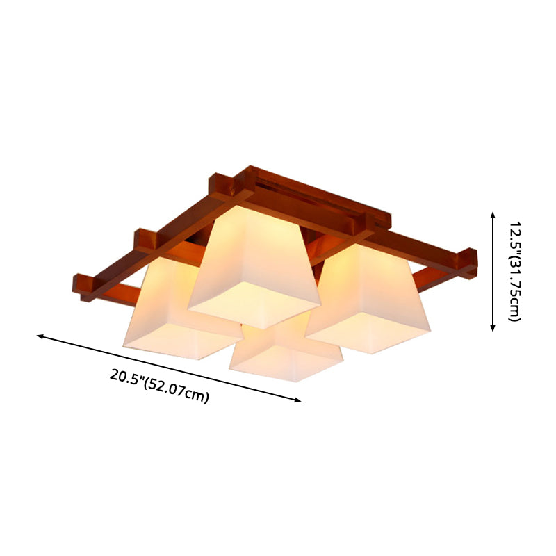 Red Brown Checkered Ceiling Fixture Modern Wooden Flush Mount Light with White Glass Shade