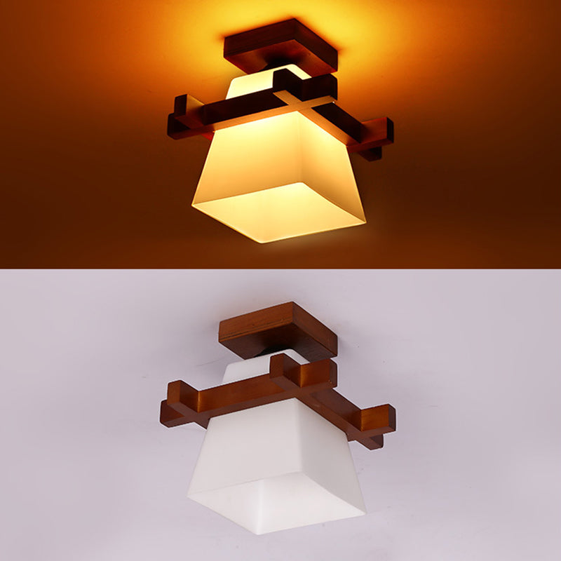 Red Brown Checkered Ceiling Fixture Modern Wooden Flush Mount Light with White Glass Shade