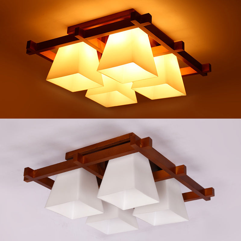 Red Brown Checkered Ceiling Fixture Modern Wooden Flush Mount Light with White Glass Shade