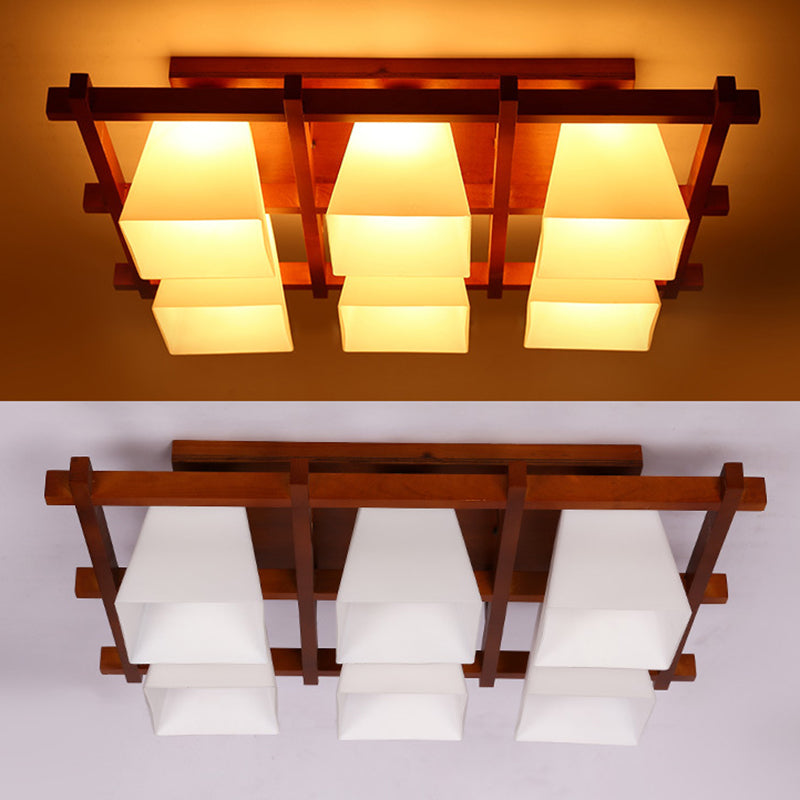 Red Brown Checkered Massimale Fixture Modern Wooden Flush Mount Light con White Glass Shade