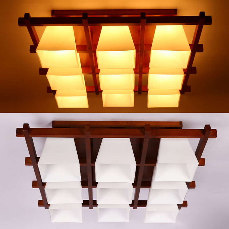 Red Brown Checkered Ceiling Fixture Modern Wooden Flush Mount Light with White Glass Shade