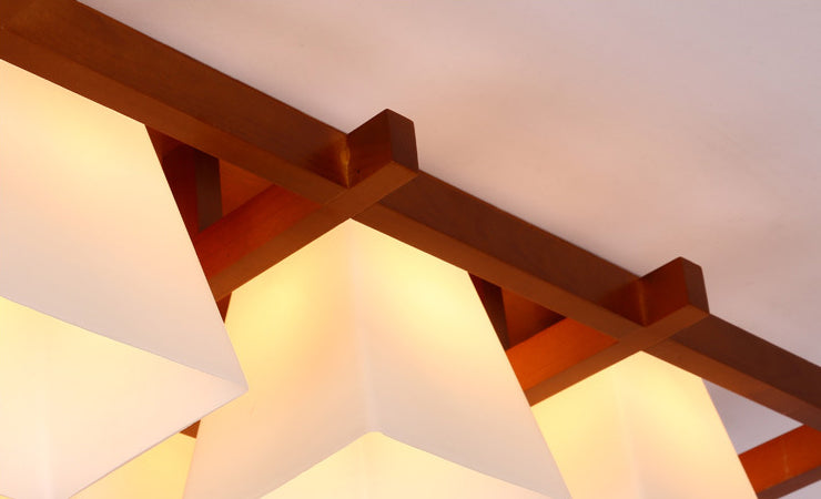 Red Brown Checkered Ceiling Fixture Modern Wooden Flush Mount Light with White Glass Shade