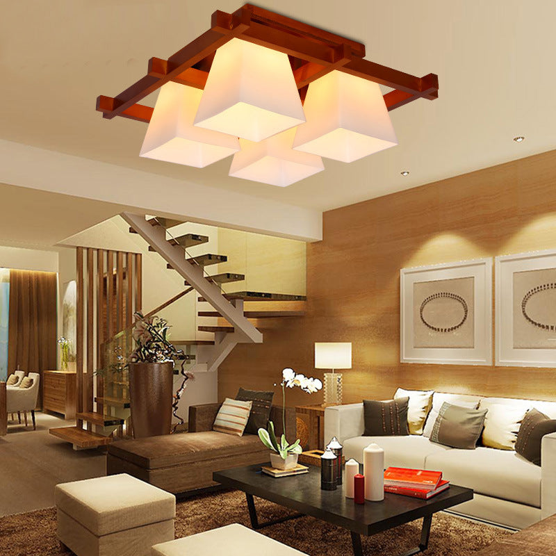 Red Brown Checkered Ceiling Fixture Modern Wooden Flush Mount Light with White Glass Shade