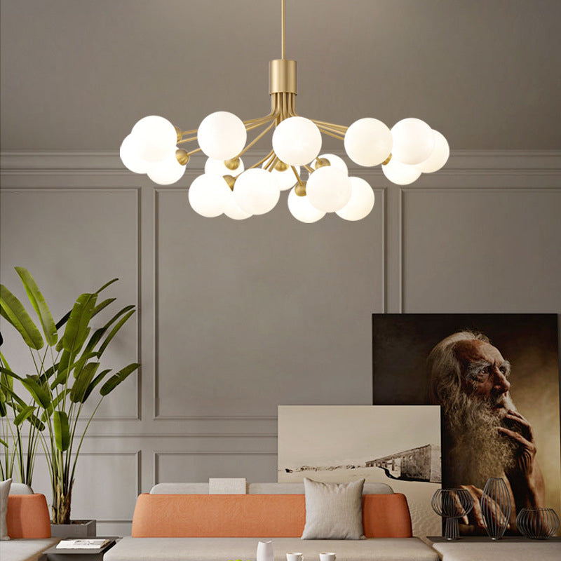 Post-Modern Starburst Hanging Chandelier Light Opal Glass Shade Ceiling Chandelier in Gold for Living Room