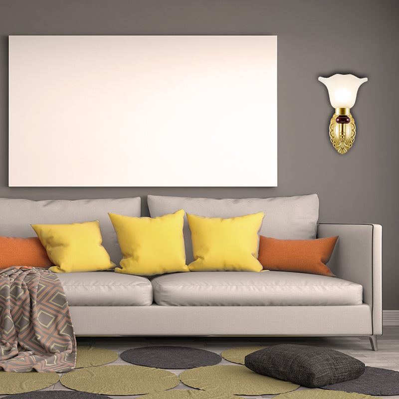 1/2-Head Wall Light Fixture with Petal Shade Opal Glass Vintage Style Bedroom Wall Sconce in Gold