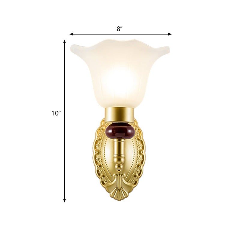 1/2-Head Wall Light Fixture with Petal Shade Opal Glass Vintage Style Bedroom Wall Sconce in Gold