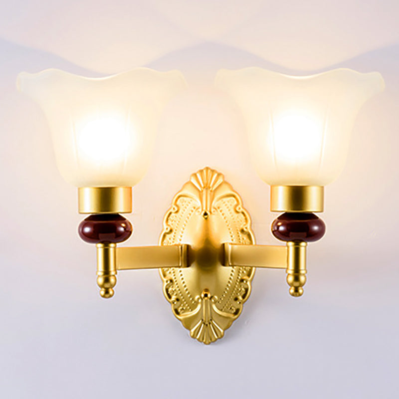 1/2-Head Wall Light Fixture with Petal Shade Opal Glass Vintage Style Bedroom Wall Sconce in Gold