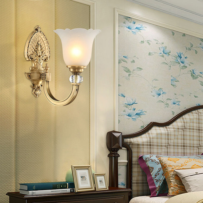 Bell Frosted Glass Wall Sconce Fixture Vintage Style 1/2-Head Bedside Wall Light with Golden Backplate