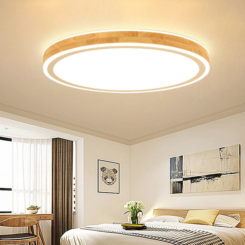 Wood Round Flush Mounted Lighting Fixture Nordic Beige LED Ceiling Flush Mount