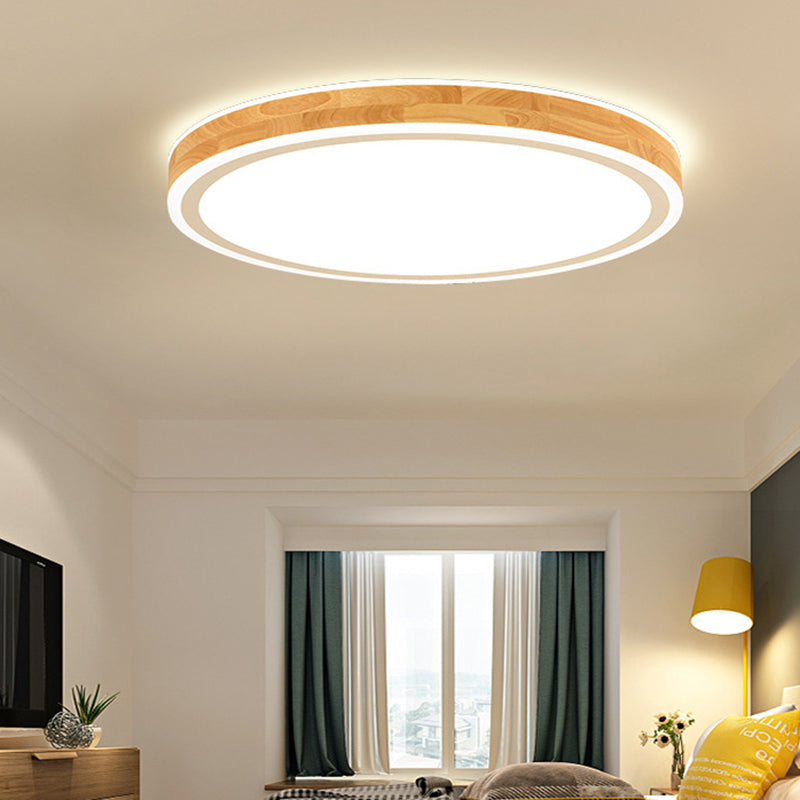 Wood Round Flush Mounted Lighting Fixture Nordic Beige LED Ceiling Flush Mount