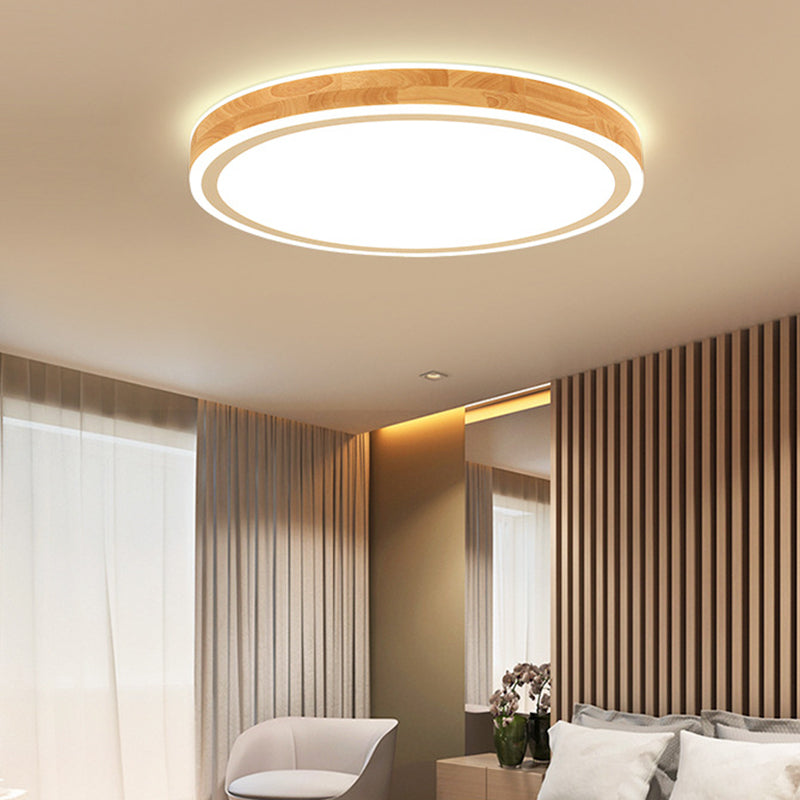 Wood Round Flush Mounted Lighting Fixture Nordic Beige LED Ceiling Flush Mount