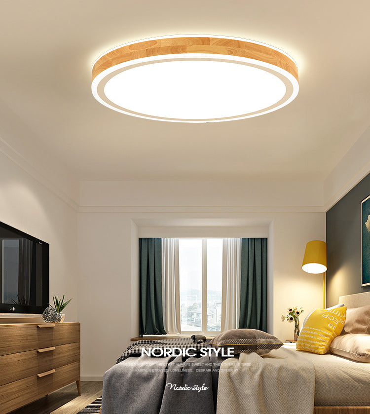 Wood Round Flush Mounted Lighting Fixture Nordic Beige LED Ceiling Flush Mount