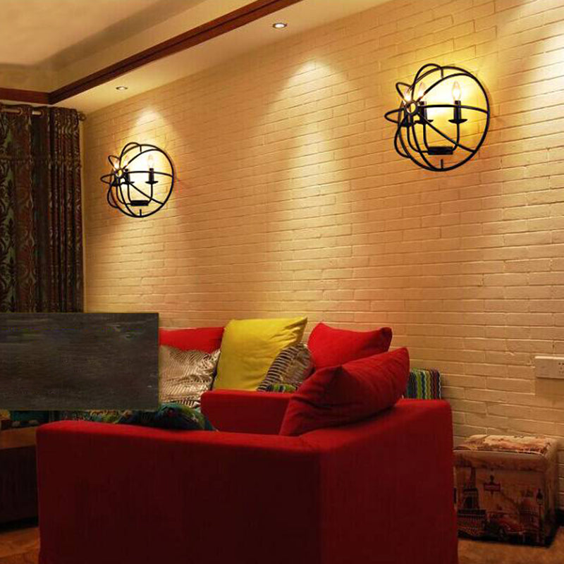 2-Lights Candlestick Shaped Industrial Style Wall Sconce Black Wrought Iron Open Bulb Wall Mount Light in Black