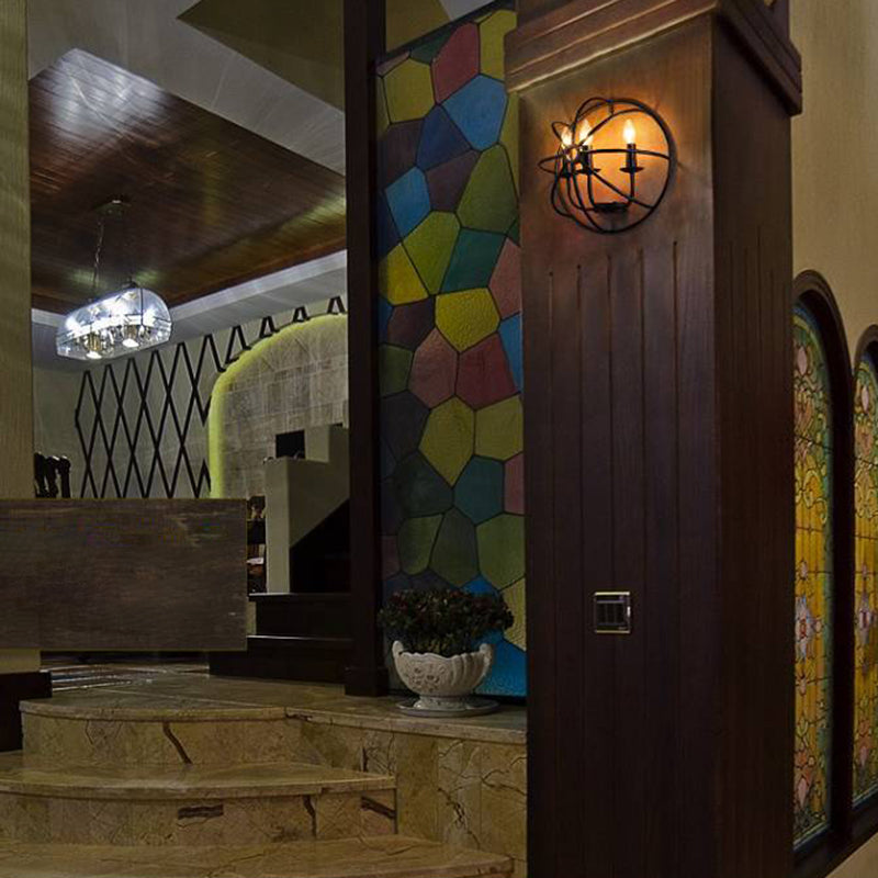 2-Lights Candlestick Shaped Industrial Style Wall Sconce Black Wrought Iron Open Bulb Wall Mount Light in Black