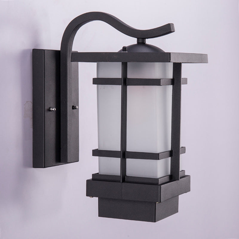Black Retro Metallic Wall Sconce with Gooseneck Arm Rectangle Milk White Shade Waterproof Wall Lamp