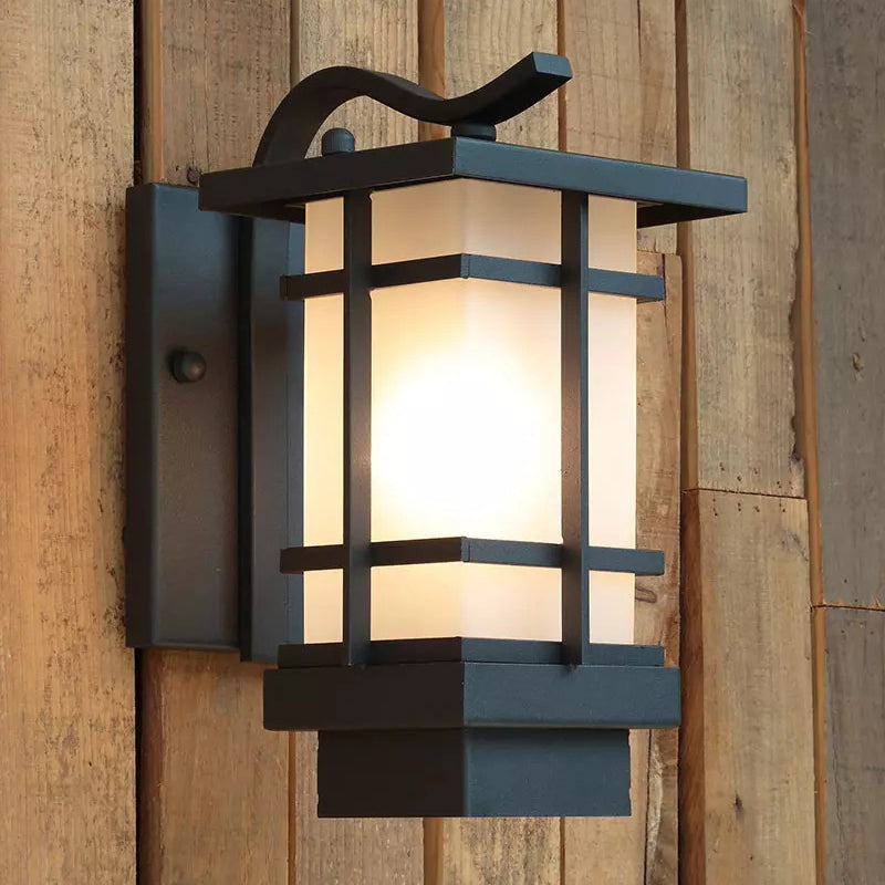 Black Retro Metallic Wall Sconce with Gooseneck Arm Rectangle Milk White Shade Waterproof Wall Lamp