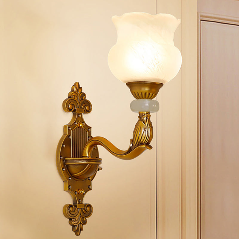 1/2-Bulb Floral Wall Light Fixture Classic Style Milk Glass Sconce Lamp with Brass Carved Backplate
