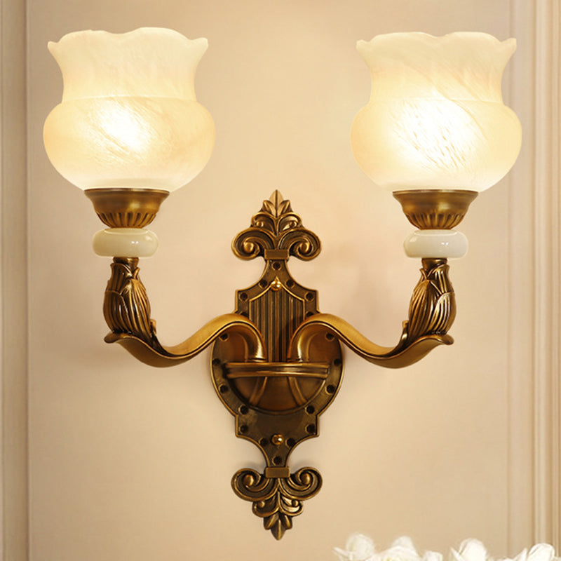 1/2-Bulb Floral Wall Light Fixture Classic Style Milk Glass Sconce Lamp with Brass Carved Backplate
