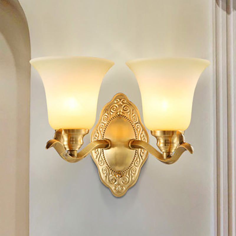 Traditional Bell Shade Wall Light Fixture 1/2-Light Frosted Glass Sconce Lamp with Golden Metallic Arm