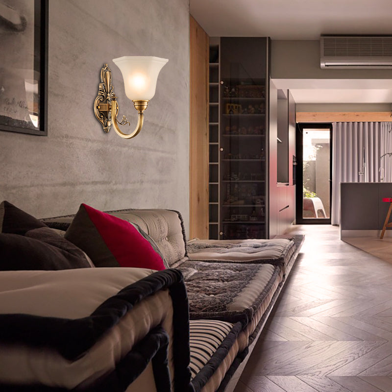 Vintage Curved Wall Mount Lamp 1/2-Head Brass Metallic Wall Sconce Light with White Glass Bell Shade