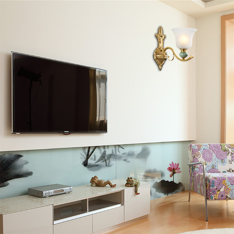 Modern Style Bell Wall Mount Light 1/2-Bulb Frosted Glass Wall Light with Golden Curved Arm and Ceramic Deco