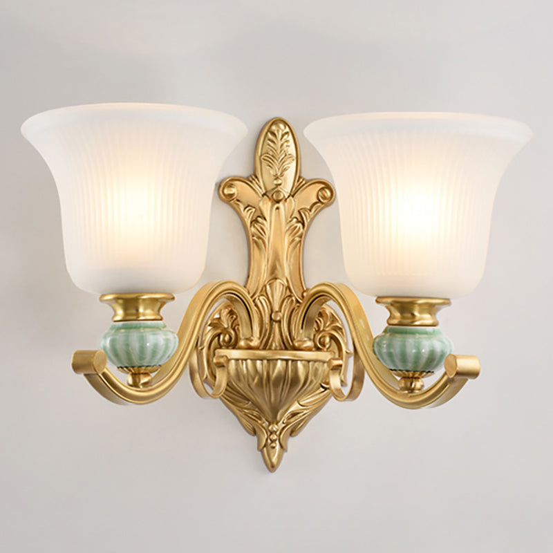 Modern Style Bell Wall Mount Light 1/2-Bulb Frosted Glass Wall Light with Golden Curved Arm and Ceramic Deco